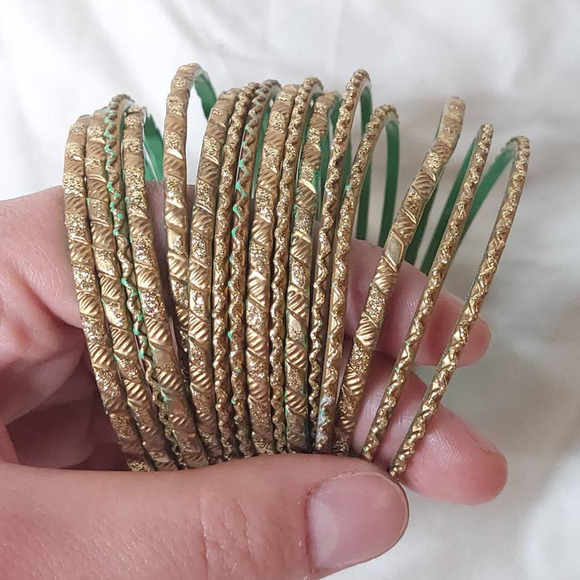 Vintage Gold Tone Textured Costume Bangle Stack Set of 16 with Pop of Mint Green - Picture 2 of 7